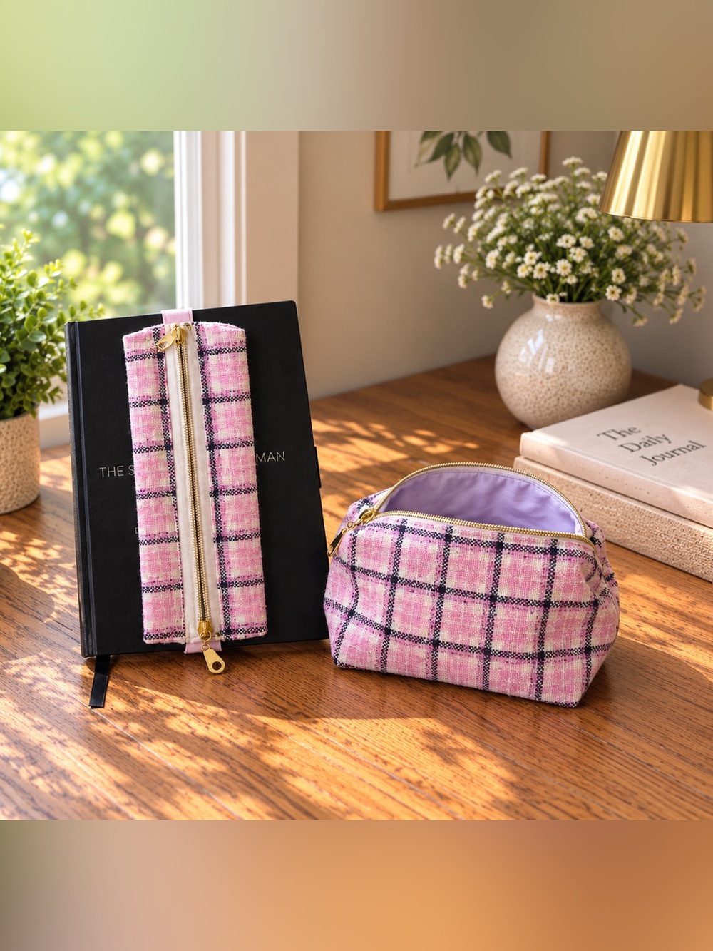 Pink Plaid Zipper Pencil Case and Zipper Pouch. Organic Cotton lining in both.